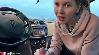 Hot Student Deep Sucking Dick Boyfriend in the Car - Swallow