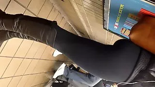 Slim chick with bubble butt at train station