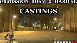 Muscled woman in a BDSM casting