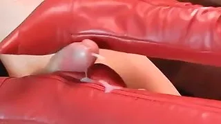 Red leather boots shoejob with cumshot